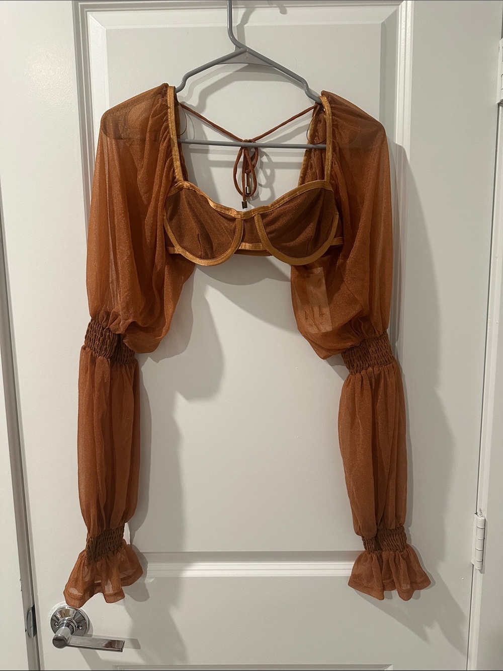 Rust Sheer Puff Sleeve Crop Top